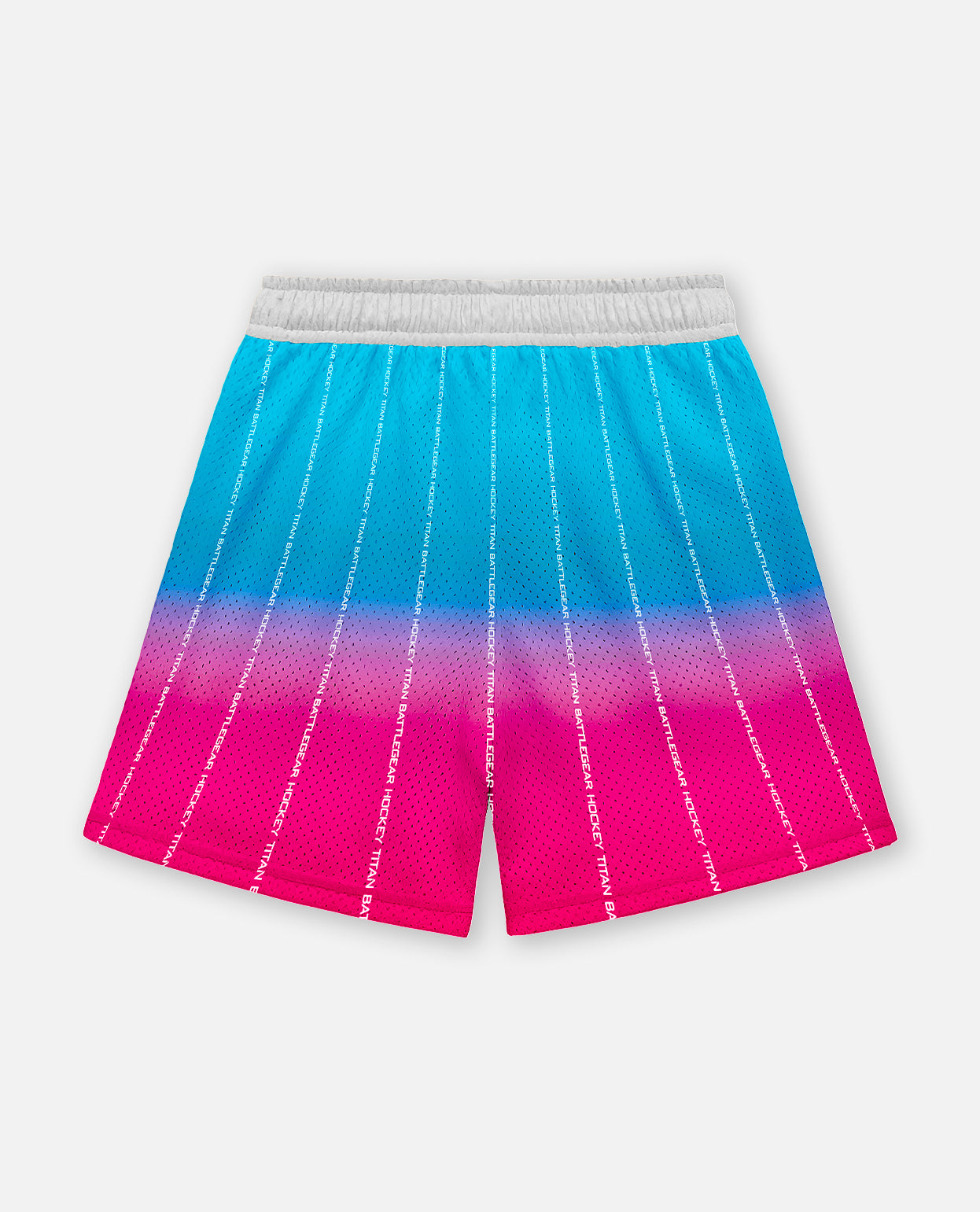 Gradient titan battlegear shorts transitioning from blue to pink on a light gray background