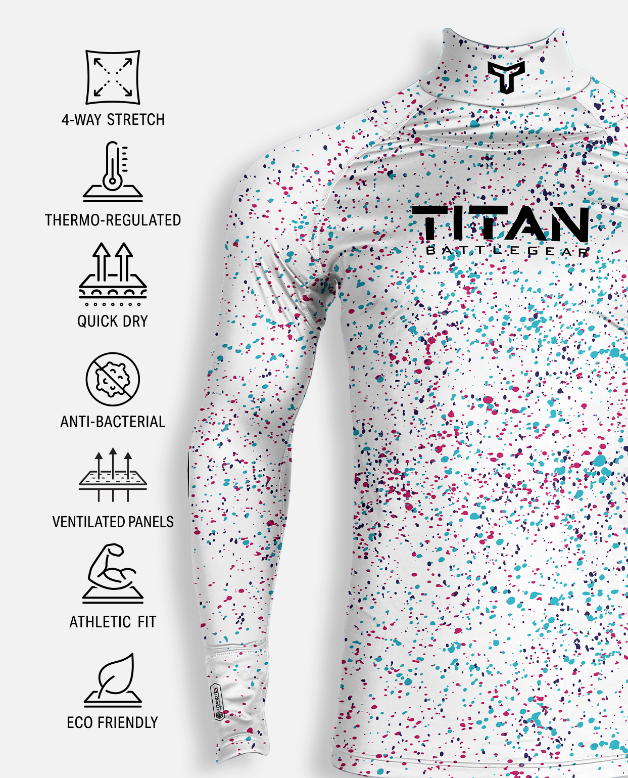 Speckled long-sleeve shirt with Titan Battle Gear branding on a white background, featuring various product features.