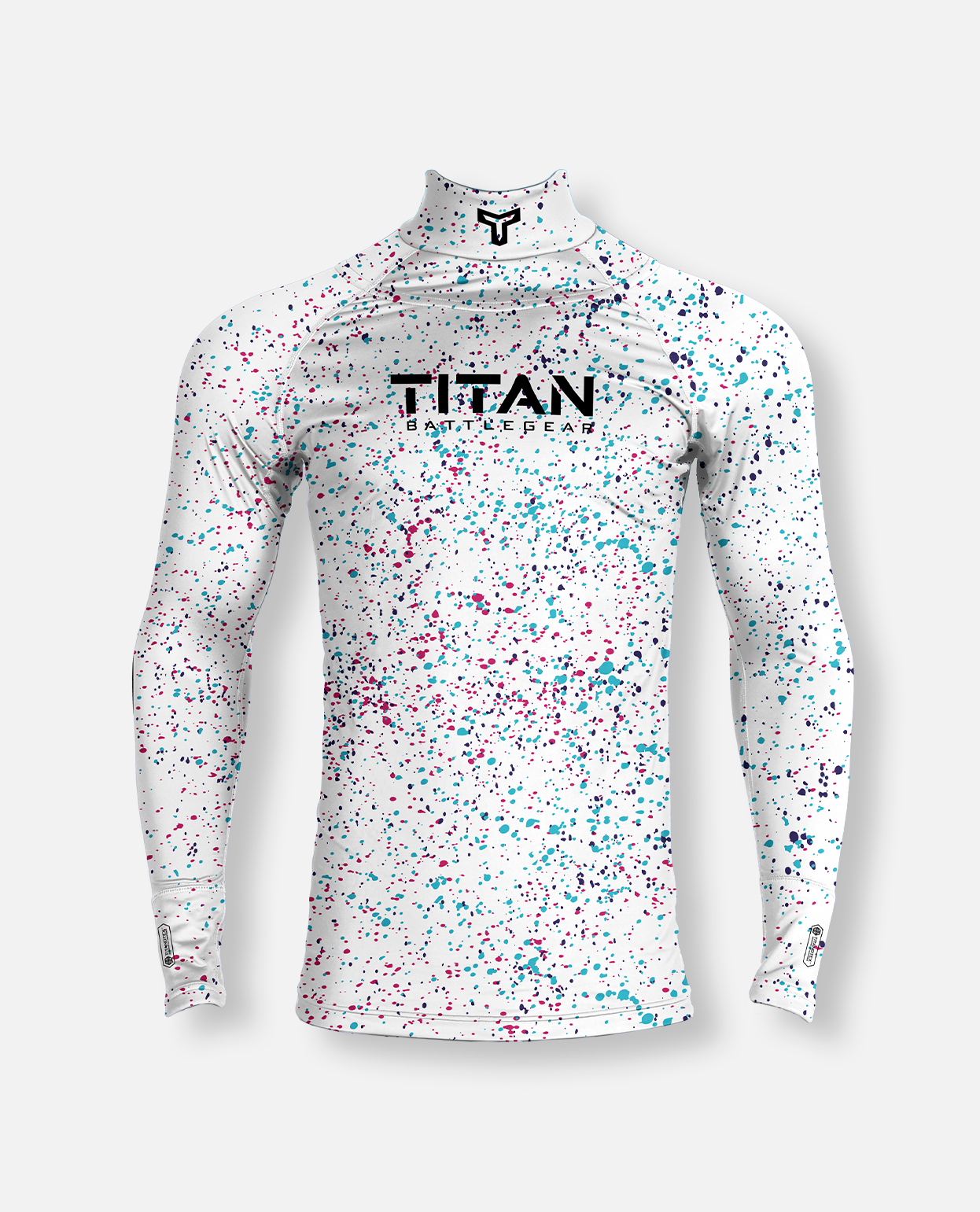 white Titan battlegear Long-sleeve neck guard hockey shirt with multicolor pattern
