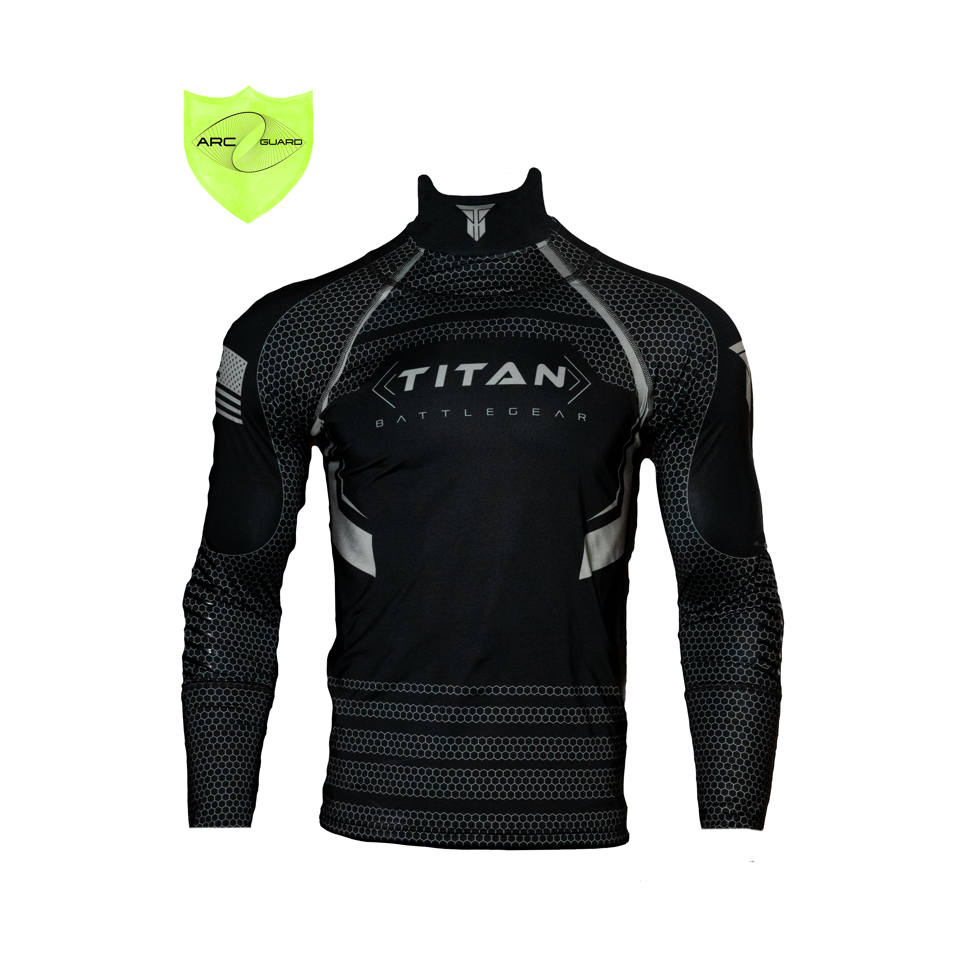 Front view of a black Titan Battle Gear cut-resistant hockey shirt featuring Arc Guard technology with an adjustable Velcro neck guard, indicated by the 'Adjust' logo. The shirt includes integrated neck and wrist guards, displaying a sleek and modern design with the Titan Battle Gear logo prominently on the chest.