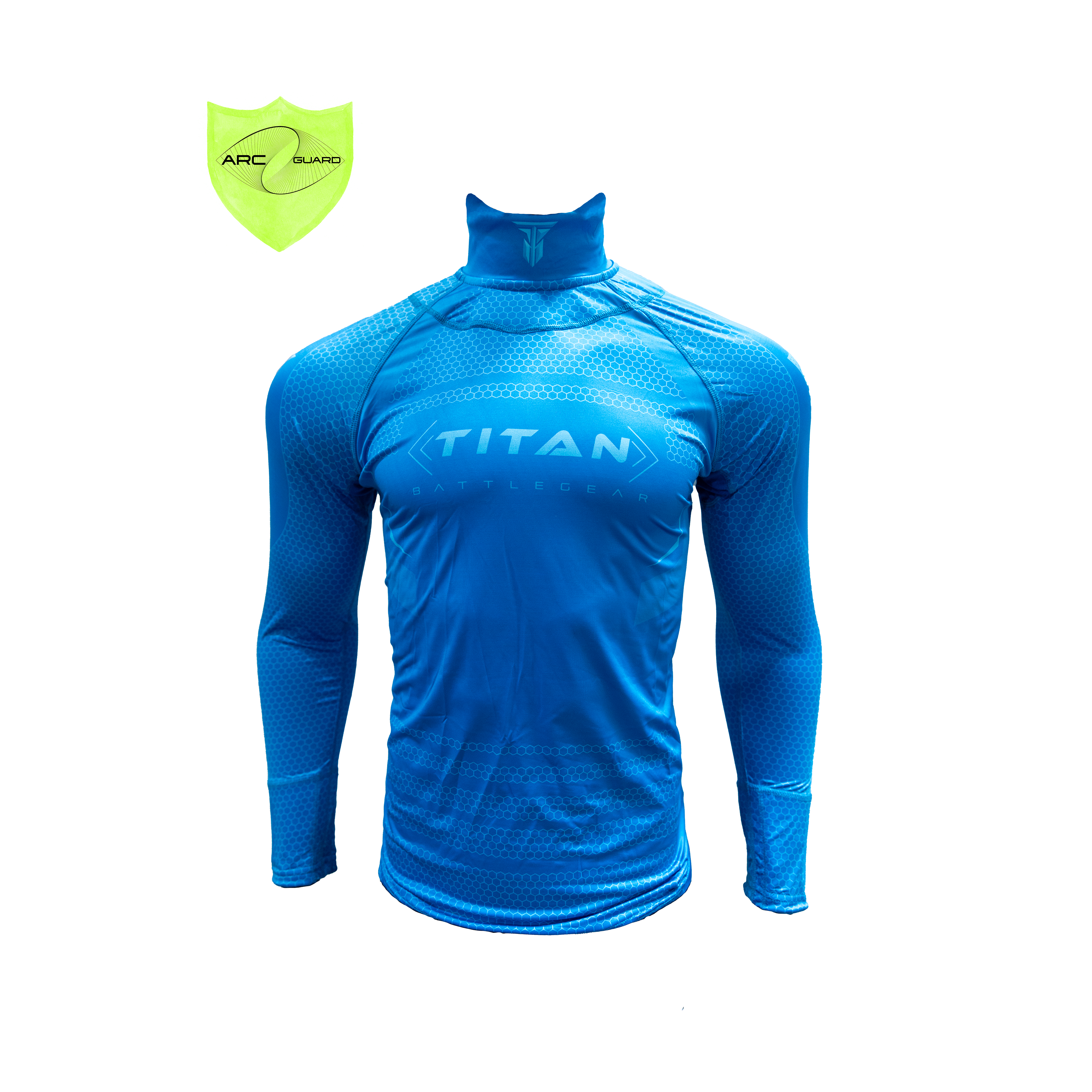 Front view of a blue Titan Battle Gear cut-resistant hockey shirt featuring Arc Guard technology with an adjustable Velcro neck guard, indicated by the 'Adjust' logo. The shirt includes integrated neck and wrist guards, displaying a sleek and modern design with the Titan Battle Gear logo prominently on the chest.