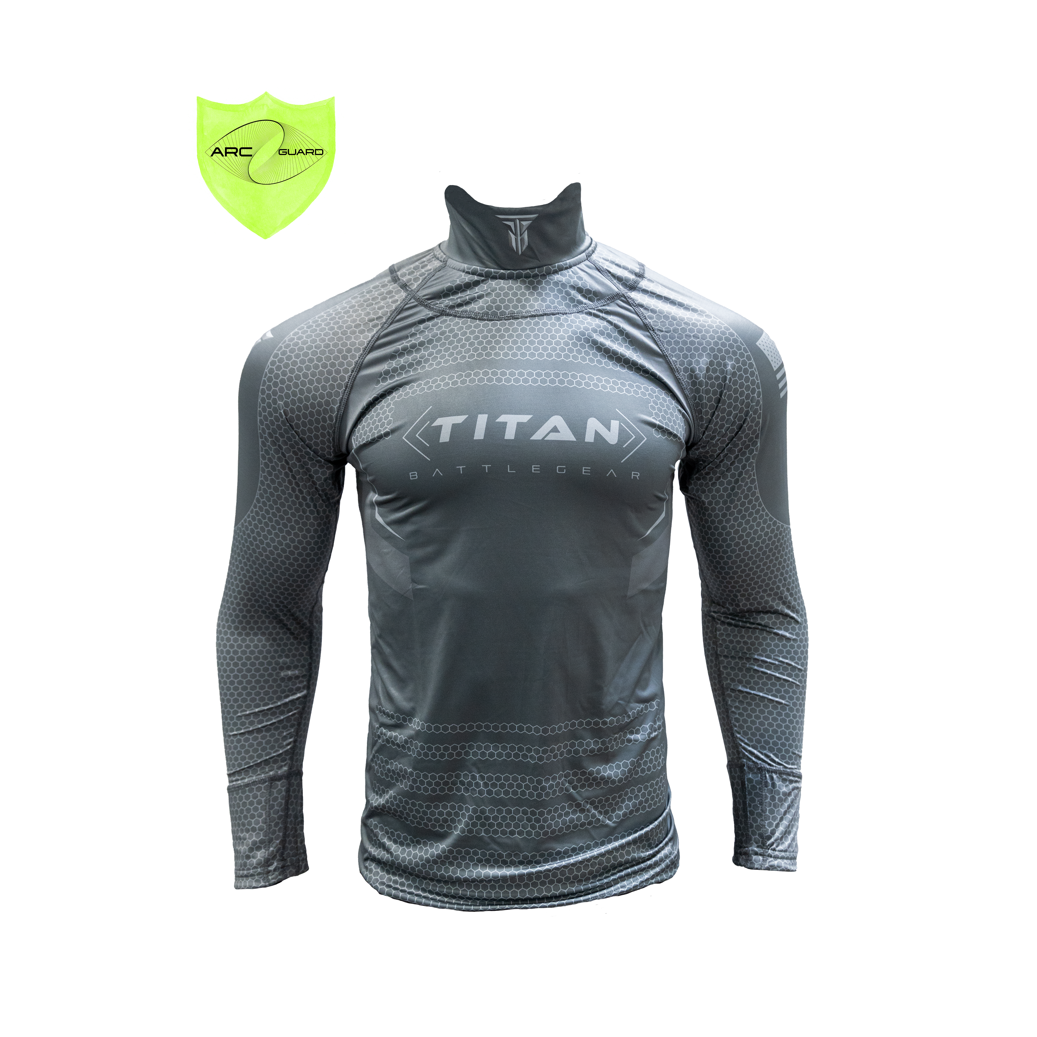 Front view of a gray Titan Battle Gear cut-resistant hockey shirt featuring Arc Guard technology with an adjustable Velcro neck guard, indicated by the 'Adjust' logo. The shirt includes integrated neck and wrist guards, displaying a sleek and modern design with the Titan Battle Gear logo prominently on the chest.