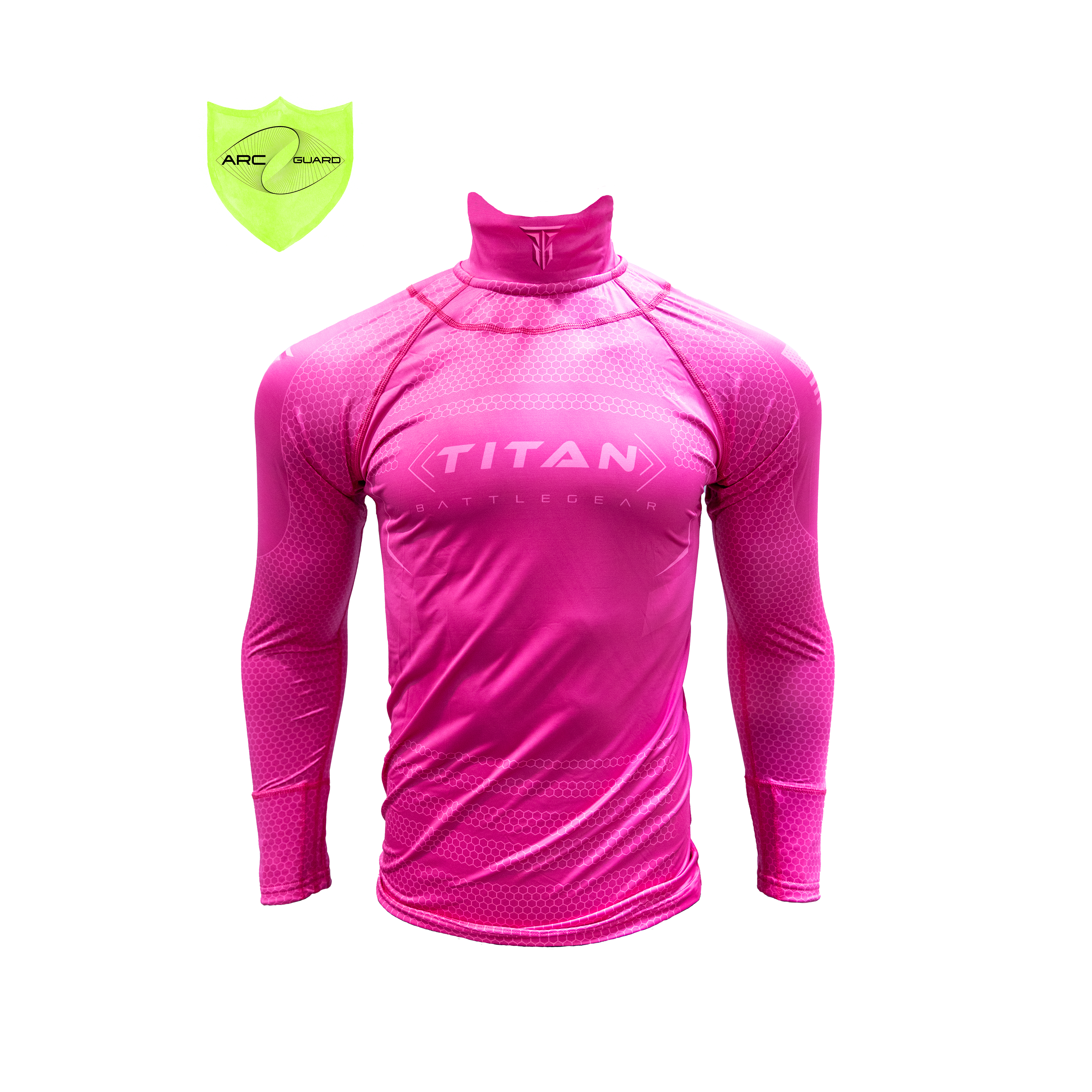 Front view of a pink Titan Battle Gear cut-resistant hockey shirt featuring Arc Guard technology with an adjustable Velcro neck guard, indicated by the 'Adjust' logo. The shirt includes integrated neck and wrist guards, displaying a sleek and modern design with the Titan Battle Gear logo prominently on the chest.