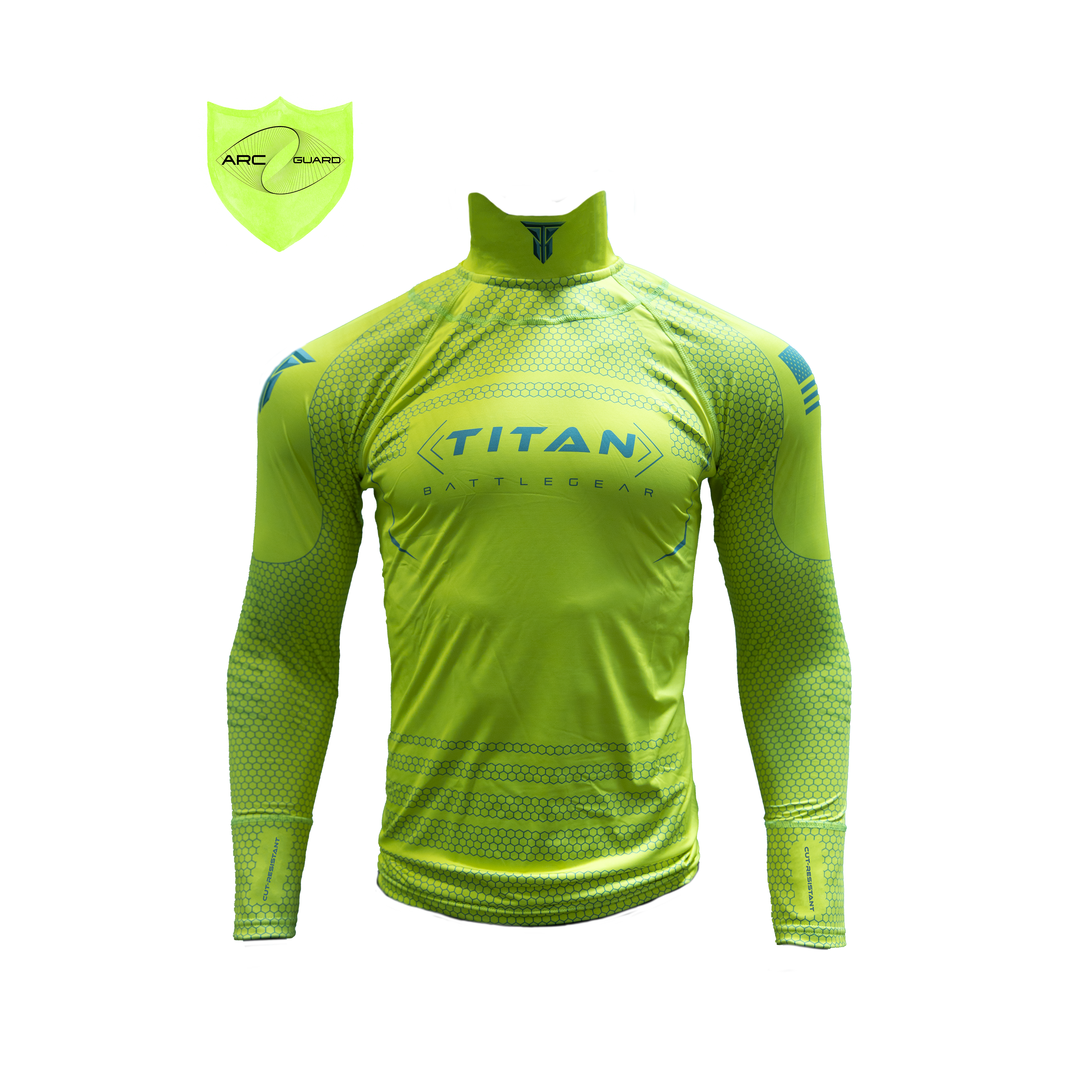 Front view of a yellow Titan Battle Gear cut-resistant hockey shirt featuring Arc Guard technology with an adjustable Velcro neck guard, indicated by the 'Adjust' logo. The shirt includes integrated neck and wrist guards, displaying a sleek and modern design with the Titan Battle Gear logo prominently on the chest.