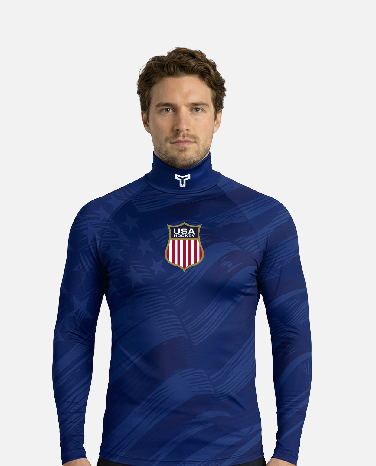 Man wearing a Blue hockey neck guard shirt with USA emblem on a white background