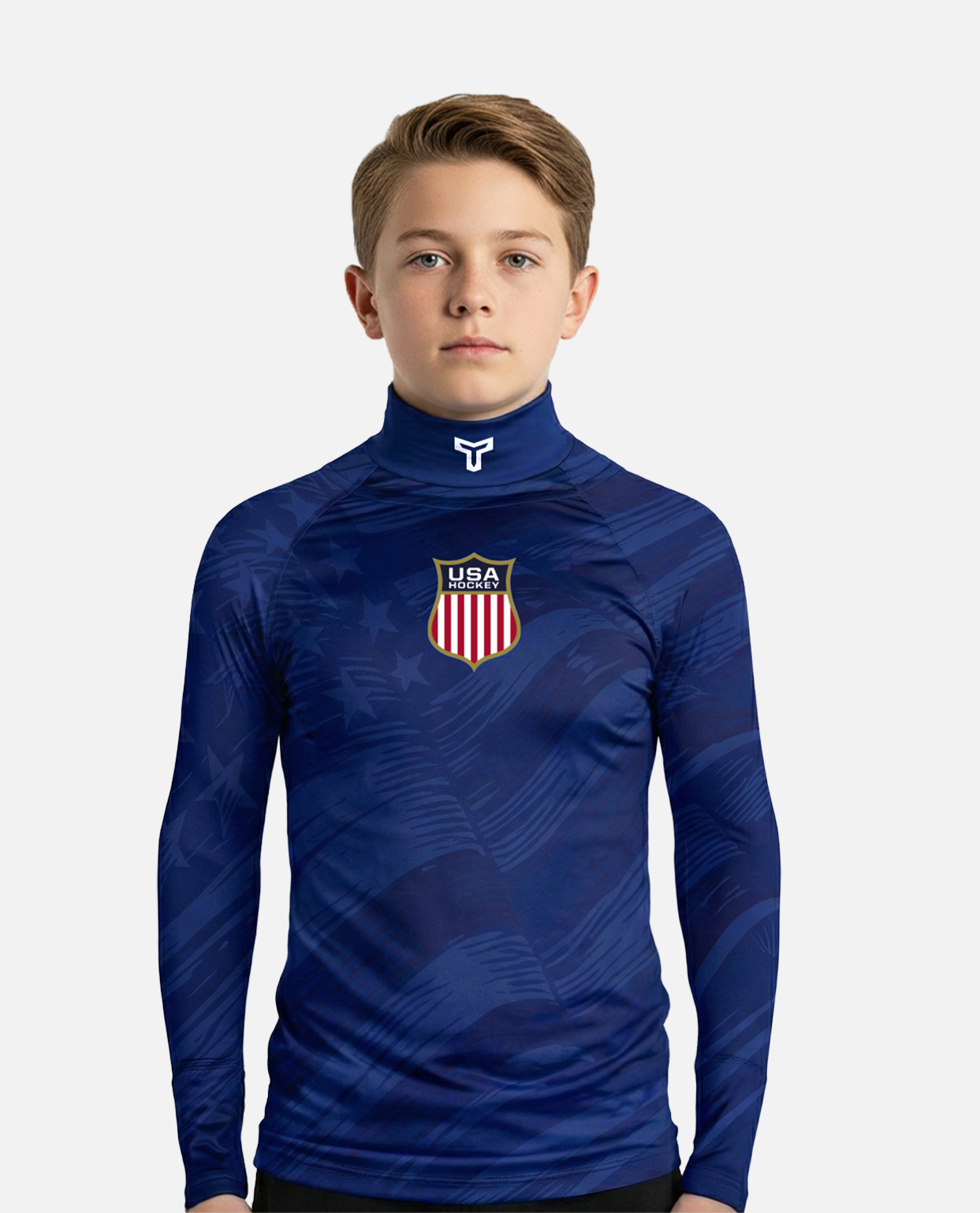 Child wearing a Blue hockey neck guard shirt with USA emblem on a white background