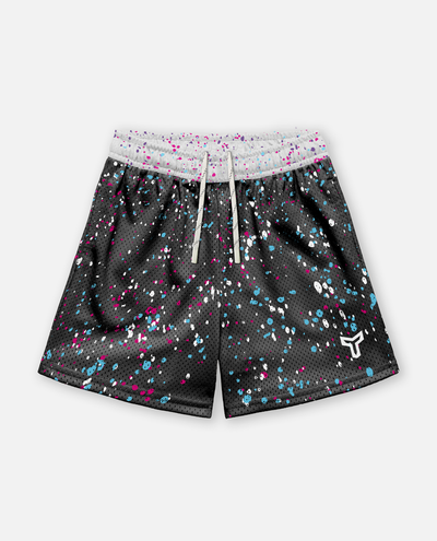 Black titan battlegear shorts with colorful speckles on a white background