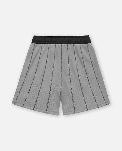 Gray titan battlegear shorts with black pinstripes on a white background