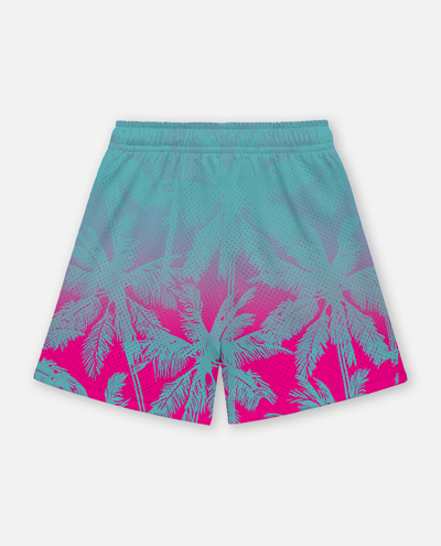 Teal and pink shorts with palm tree pattern on a white background