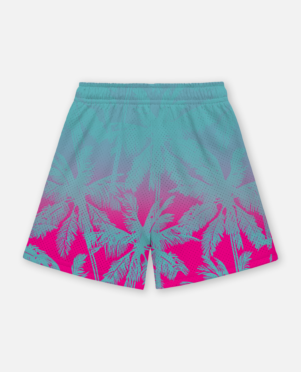 Titan battlegear teal and pink shorts with palm tree pattern on a white background