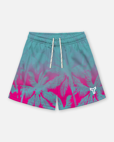 Teal and pink titan battlegear shorts with palm tree pattern on a white background