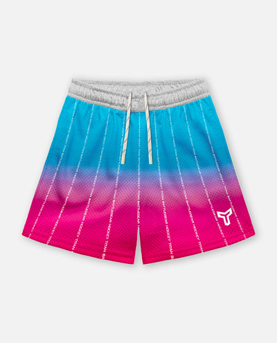 TITAN BATTLEGEAR Gradient shorts transitioning from blue to pink on a light gray background