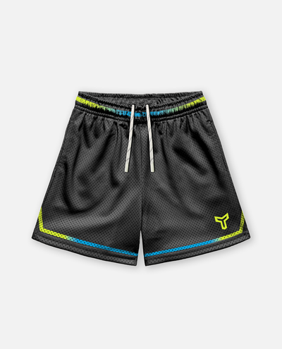 Black athletic titan battlegear shorts with colorful accents on a light gray background
