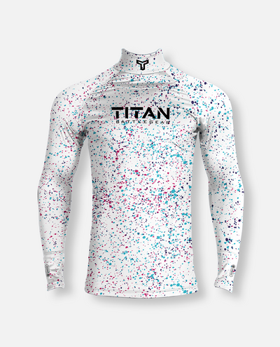 white Titan battlegear Long-sleeve neck guard hockey shirt with multicolor pattern 