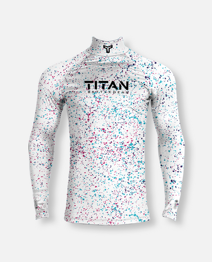white Titan battlegear Long-sleeve neck guard hockey shirt with multicolor pattern 