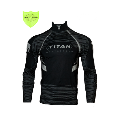 Front view of a black Titan Battle Gear cut-resistant hockey shirt featuring Arc Guard technology with an adjustable Velcro neck guard, indicated by the 'Adjust' logo. The shirt includes integrated neck and wrist guards, displaying a sleek and modern design with the Titan Battle Gear logo prominently on the chest.