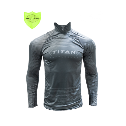 Front view of a gray Titan Battle Gear cut-resistant hockey shirt featuring Arc Guard technology with an adjustable Velcro neck guard, indicated by the 'Adjust' logo. The shirt includes integrated neck and wrist guards, displaying a sleek and modern design with the Titan Battle Gear logo prominently on the chest.