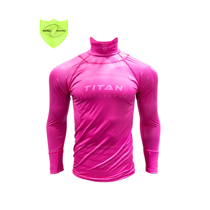 Front view of a pink Titan Battle Gear cut-resistant hockey shirt featuring Arc Guard technology with an adjustable Velcro neck guard, indicated by the 'Adjust' logo. The shirt includes integrated neck and wrist guards, displaying a sleek and modern design with the Titan Battle Gear logo prominently on the chest.