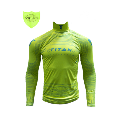 Front view of a yellow Titan Battle Gear cut-resistant hockey shirt featuring Arc Guard technology with an adjustable Velcro neck guard, indicated by the 'Adjust' logo. The shirt includes integrated neck and wrist guards, displaying a sleek and modern design with the Titan Battle Gear logo prominently on the chest.