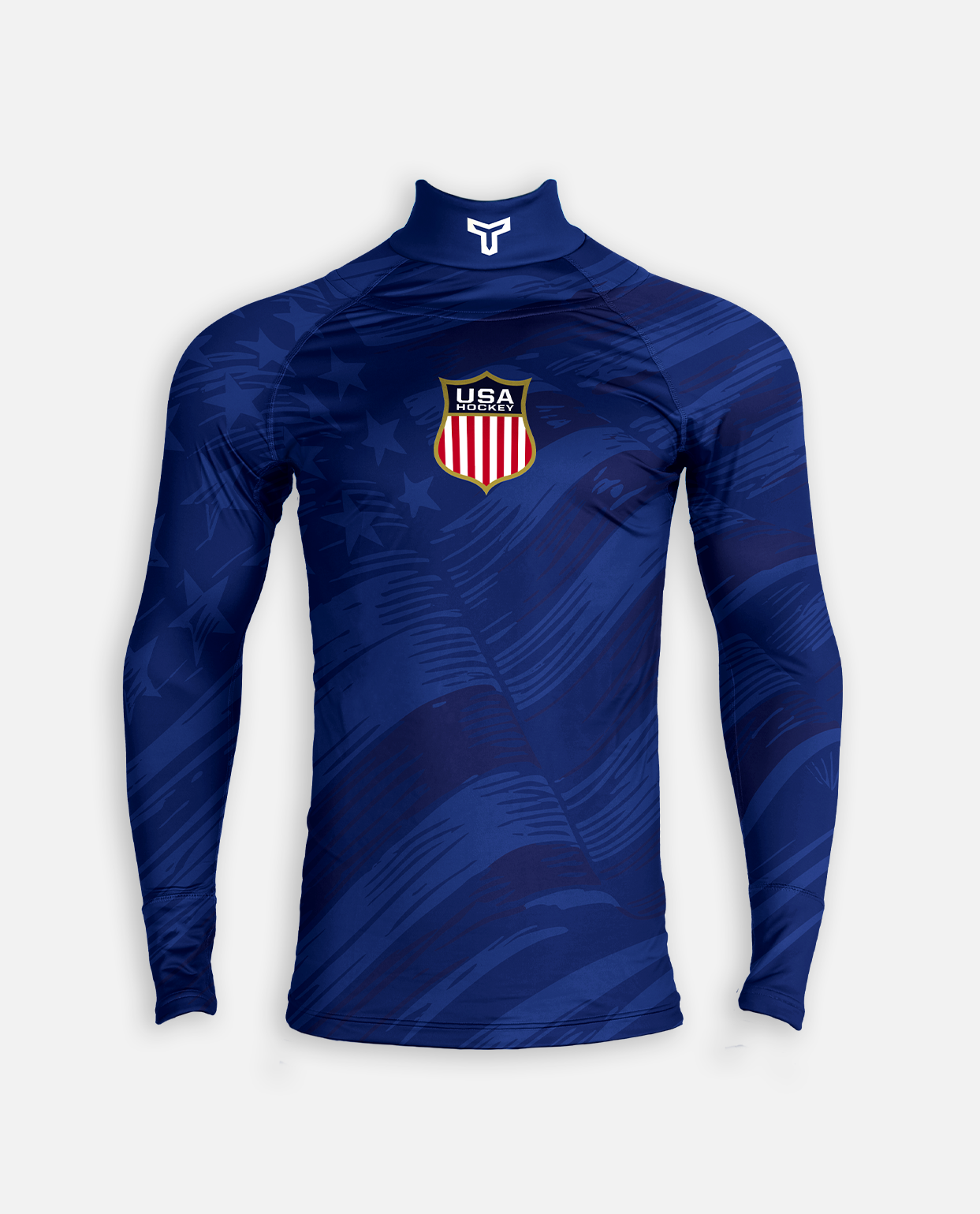 Blue hockey neck guard shirt with USA emblem on a white background