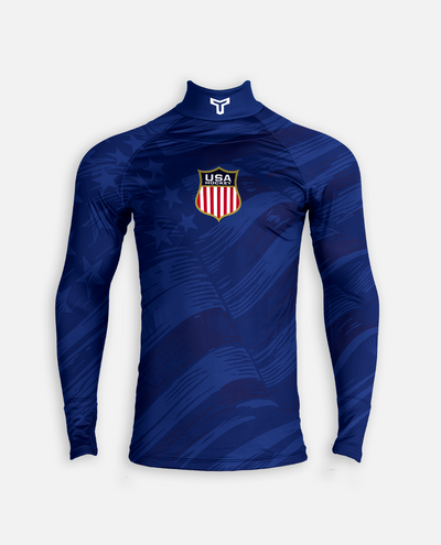 Blue hockey neck guard shirt with USA emblem on a white background