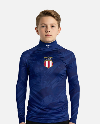 Child wearing a Blue hockey neck guard shirt with USA emblem on a white background