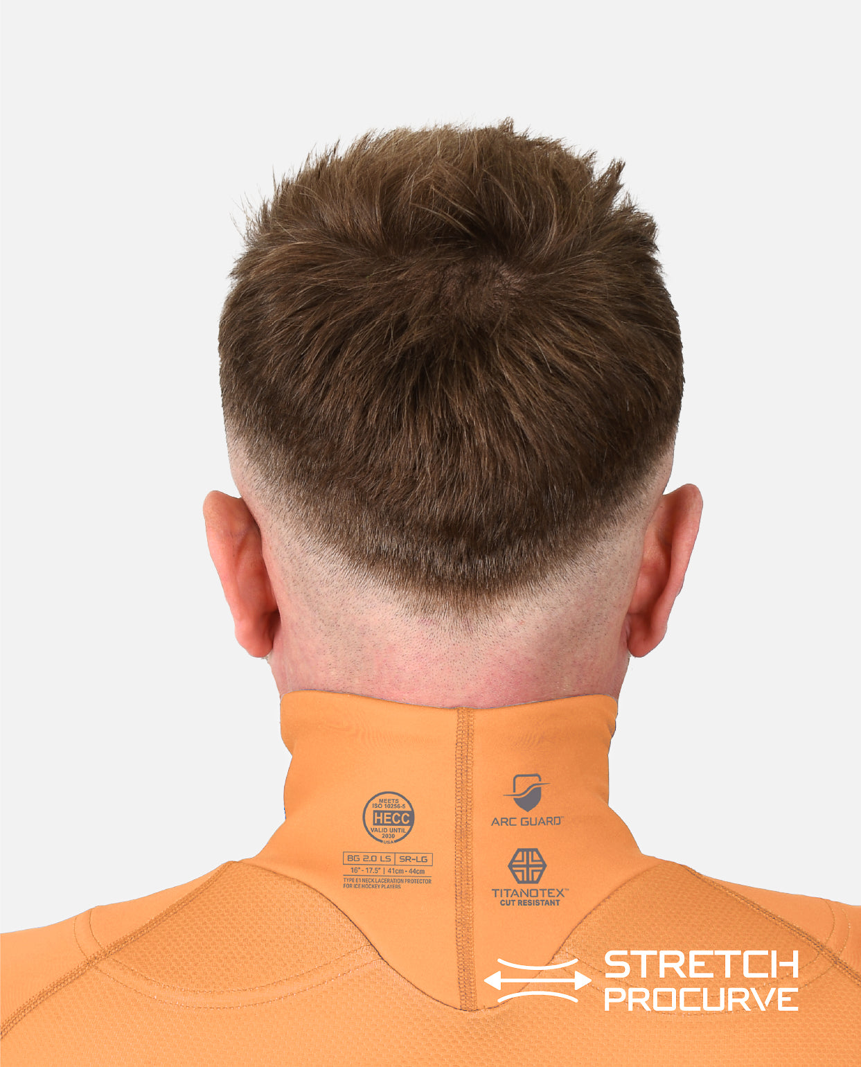 Back view of a person wearing an titan battlegear neck guard shirt 