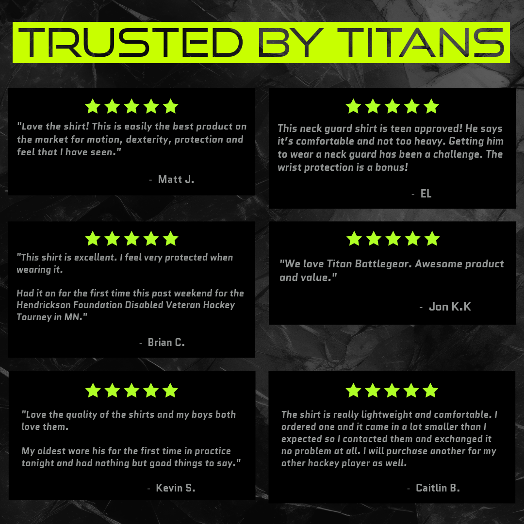 Image displaying customer testimonials for Titan Battlegear under the heading "Trusted by Titans." The reviews highlight various positive aspects of the products, including protection, comfort, motion dexterity, and overall satisfaction. Each testimonial is accompanied by a 5-star rating and the customer's name. The background features a dark, textured design to emphasize the reliability and quality of Titan Battlegear products.
