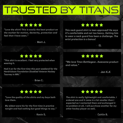 Image displaying customer testimonials for Titan Battlegear under the heading "Trusted by Titans." The reviews highlight various positive aspects of the products, including protection, comfort, motion dexterity, and overall satisfaction. Each testimonial is accompanied by a 5-star rating and the customer's name. The background features a dark, textured design to emphasize the reliability and quality of Titan Battlegear products.