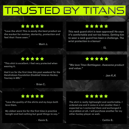 Image displaying customer testimonials for Titan Battlegear under the heading "Trusted by Titans." The reviews highlight various positive aspects of the products, including protection, comfort, motion dexterity, and overall satisfaction. Each testimonial is accompanied by a 5-star rating and the customer's name. The background features a dark, textured design to emphasize the reliability and quality of Titan Battlegear products.